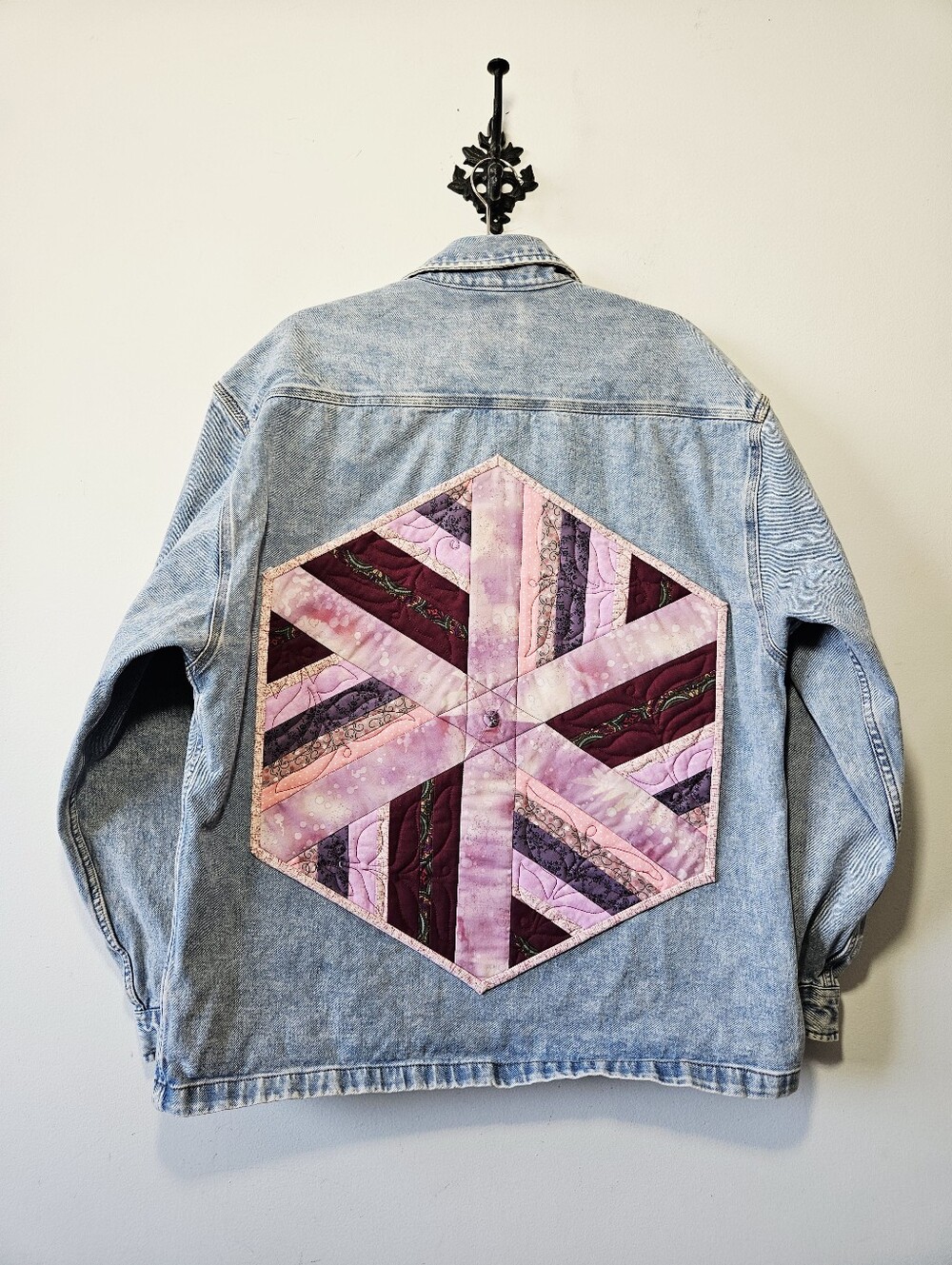 Patchwork Quilted Jean Jacket Size XL Upcycled Boho Oversized Fit - Picture 2 of 4